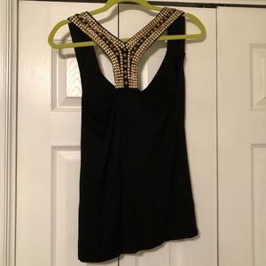 Gold Embellished Y-Back Black Tank